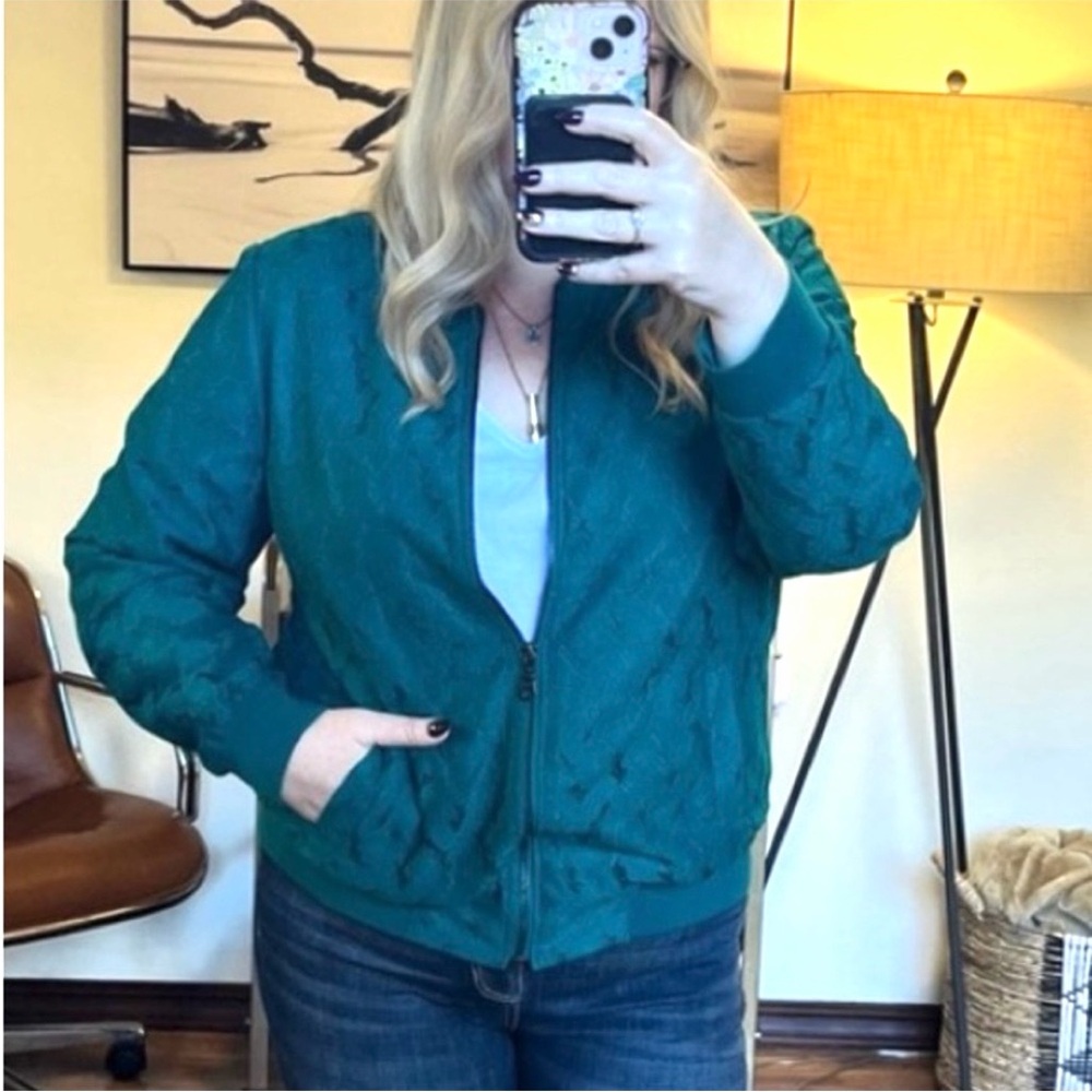 Chico's Teal Bomber Jacket lace sz 2 12/14 women’s zip front